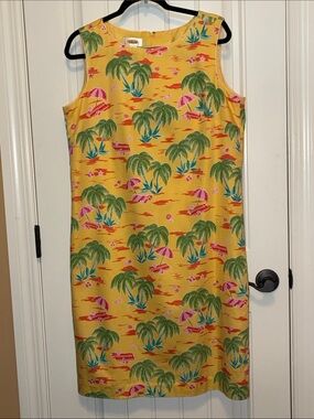 Talbots 16 Sleeveless A-line Yellow Tropical Palm Print Dress with Pink Accents